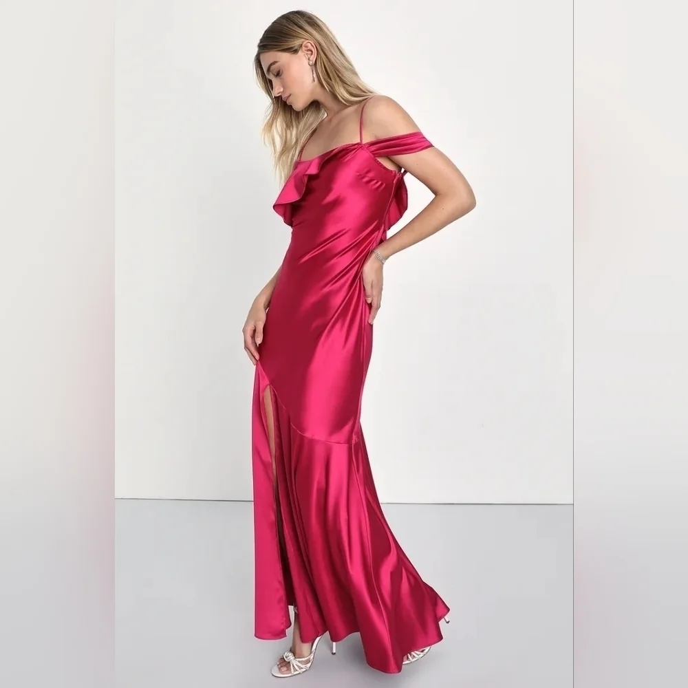 Lulus Enchanting Aesthetic Magenta Satin Asymmetrical Maxi Dress S Wedding Prom